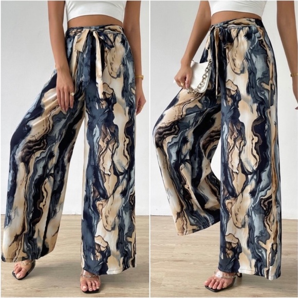Boho Watercolor Abstract Print Wide Leg Palazzo Lounge Pants - Picture 3 of 7